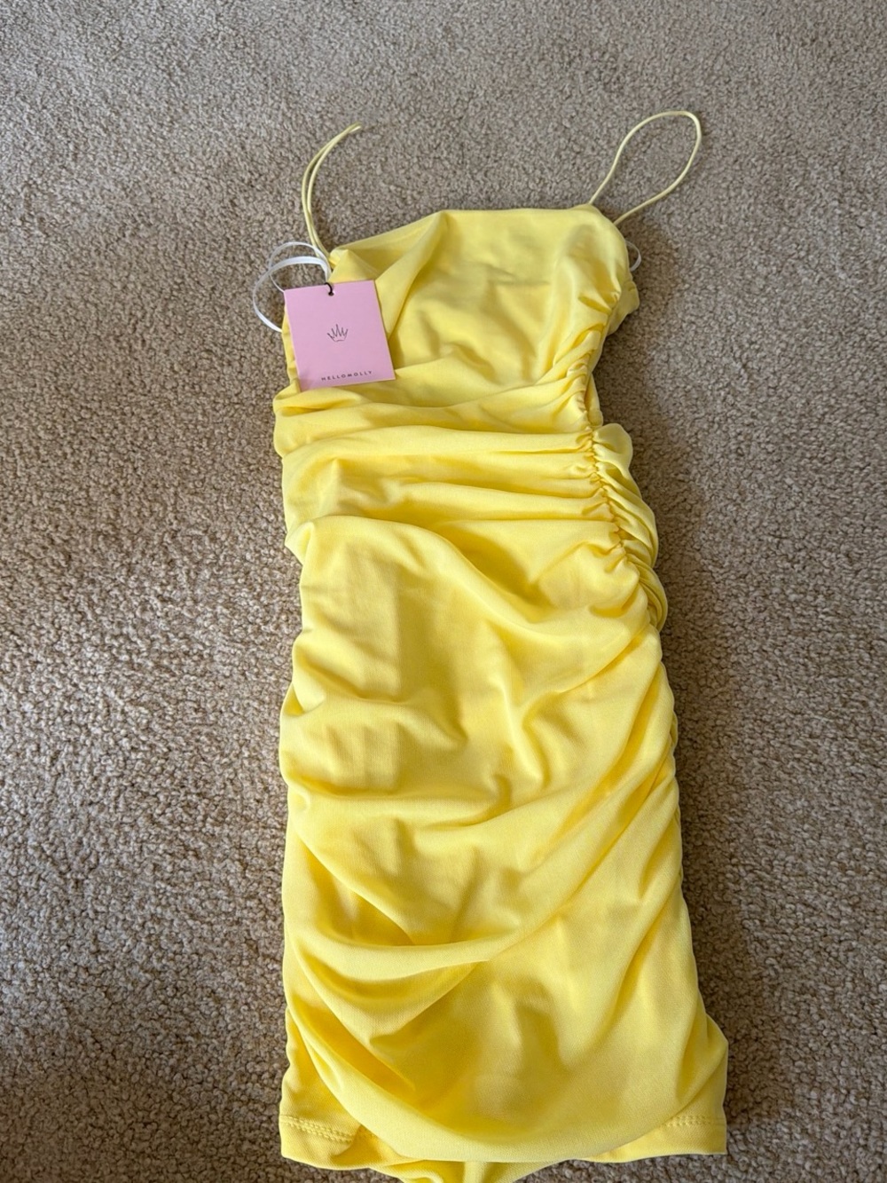 Hello Molly Lemon Yellow Ruched Spaghetti Strap Mini Dress